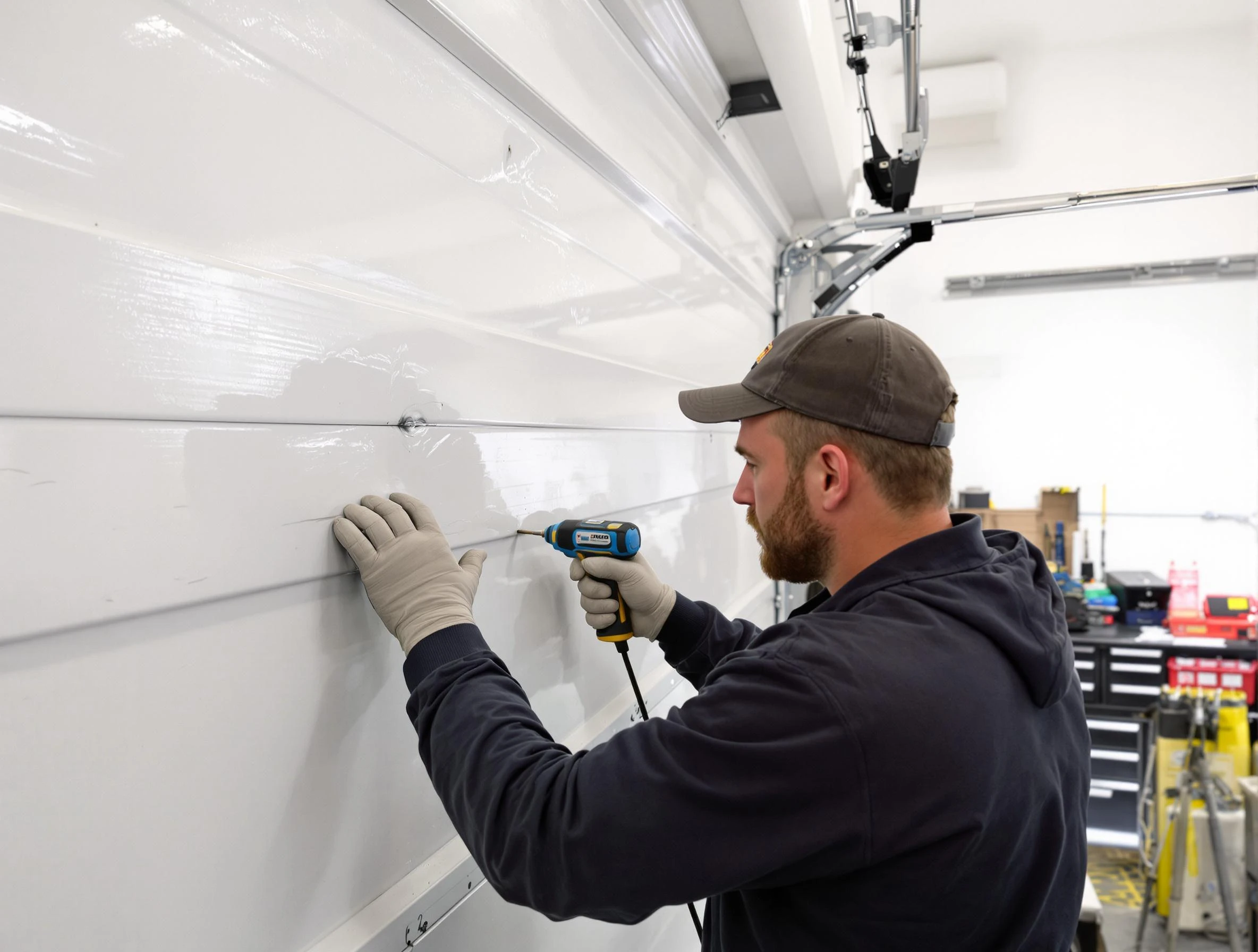 West Mifflin Garage Door Repair technician demonstrating precision dent removal techniques on a West Mifflin garage door